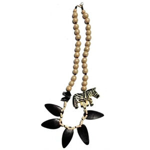 Vintage Zebra Jewelry Hand Carved Wood Jungle Safari Pendant Necklace
